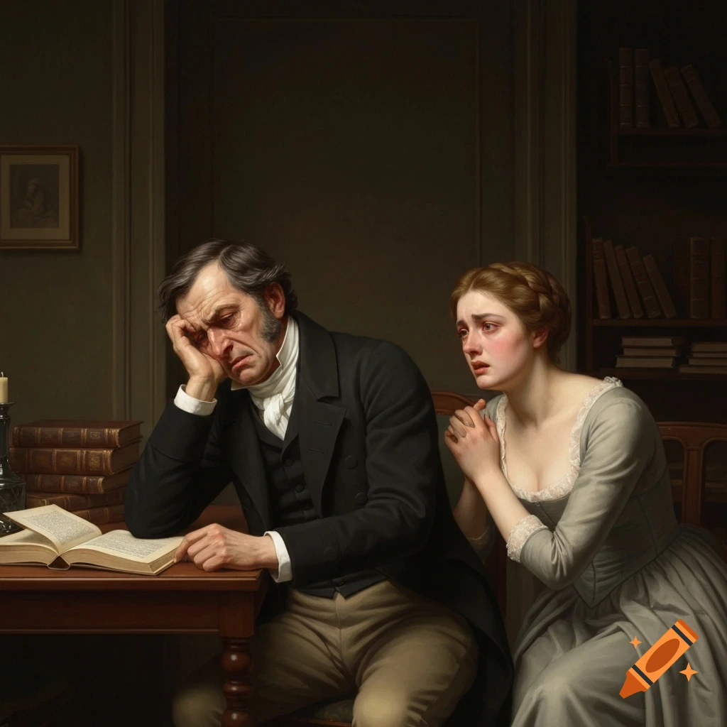 A distressed man in dark historical attire sits at a wooden desk with an open book, holding his head. Beside him, a woman in a grey gown cries, clasping her hands, in a classical art style.