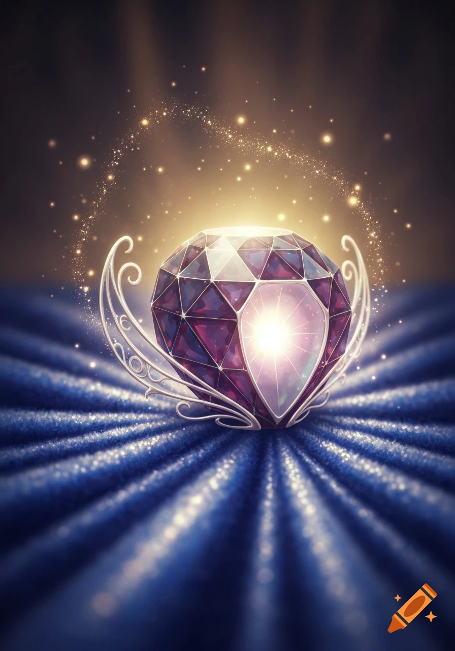 A glowing, faceted purple jewel on a shimmering blue surface, surrounded by golden sparkles, in a fantasy illustration style.