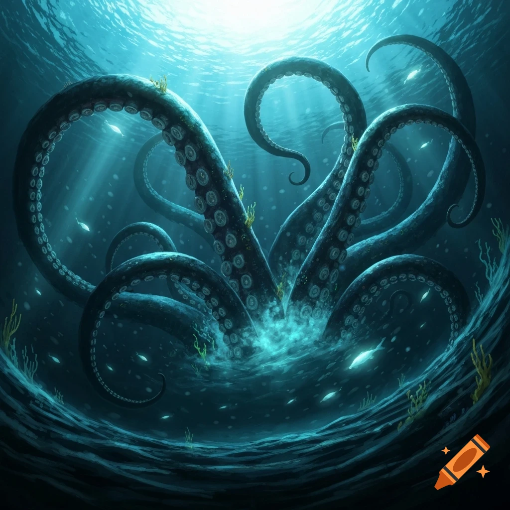 Giant Kraken tentacles emerge from the dark deep sea, illuminated by sun rays from above.