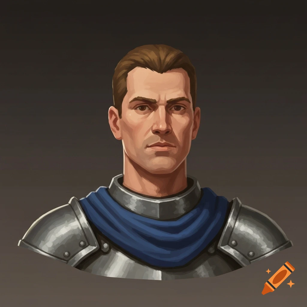 A painted portrait of a male knight from the chest up, wearing steel armor and a blue cloth, in a fantasy game art style.