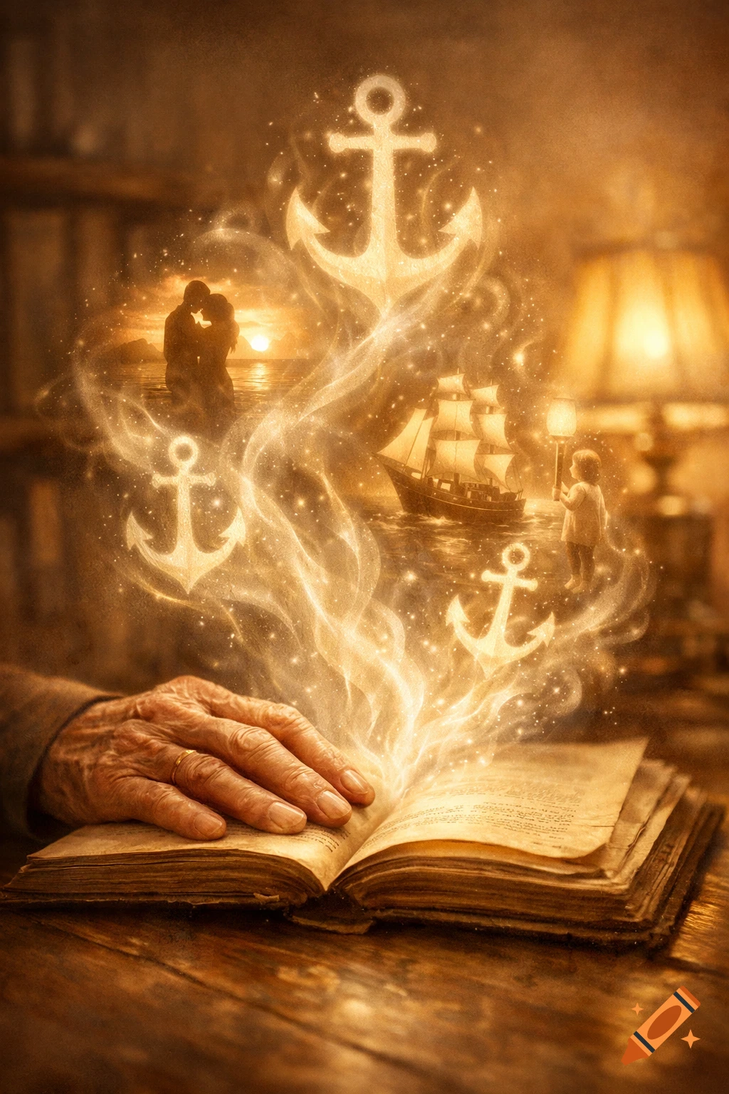 An old hand rests on an open book, emitting glowing anchors, a kissing couple, a ship, and a child in a dreamy, golden light.