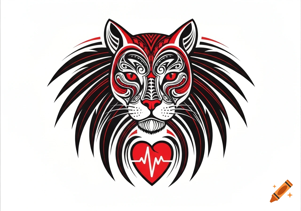 A stylized tribal cat head with red eyes and a red heart with a white heartbeat line below it, all in black, white, and red on a white background.