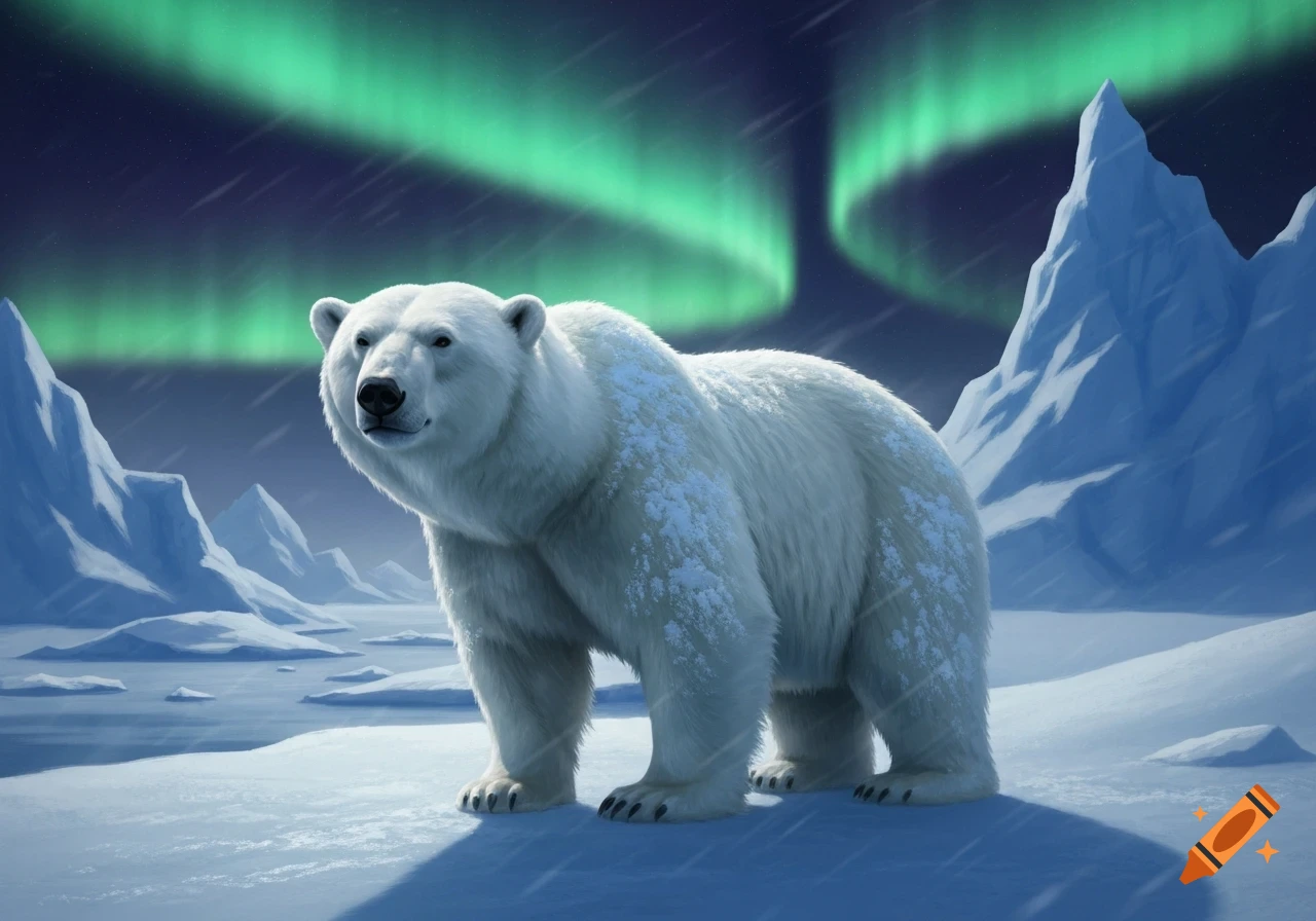 A polar bear with snow on its fur stands on an icy landscape under a green aurora borealis.