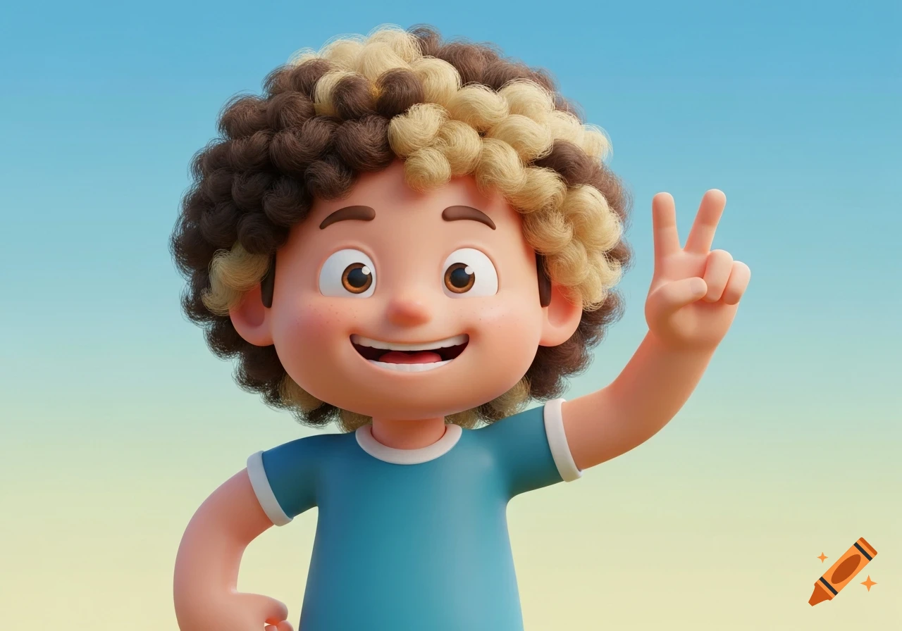 Smiling 3D cartoon boy with curly brown and blonde hair making a peace sign against a blue sky.
