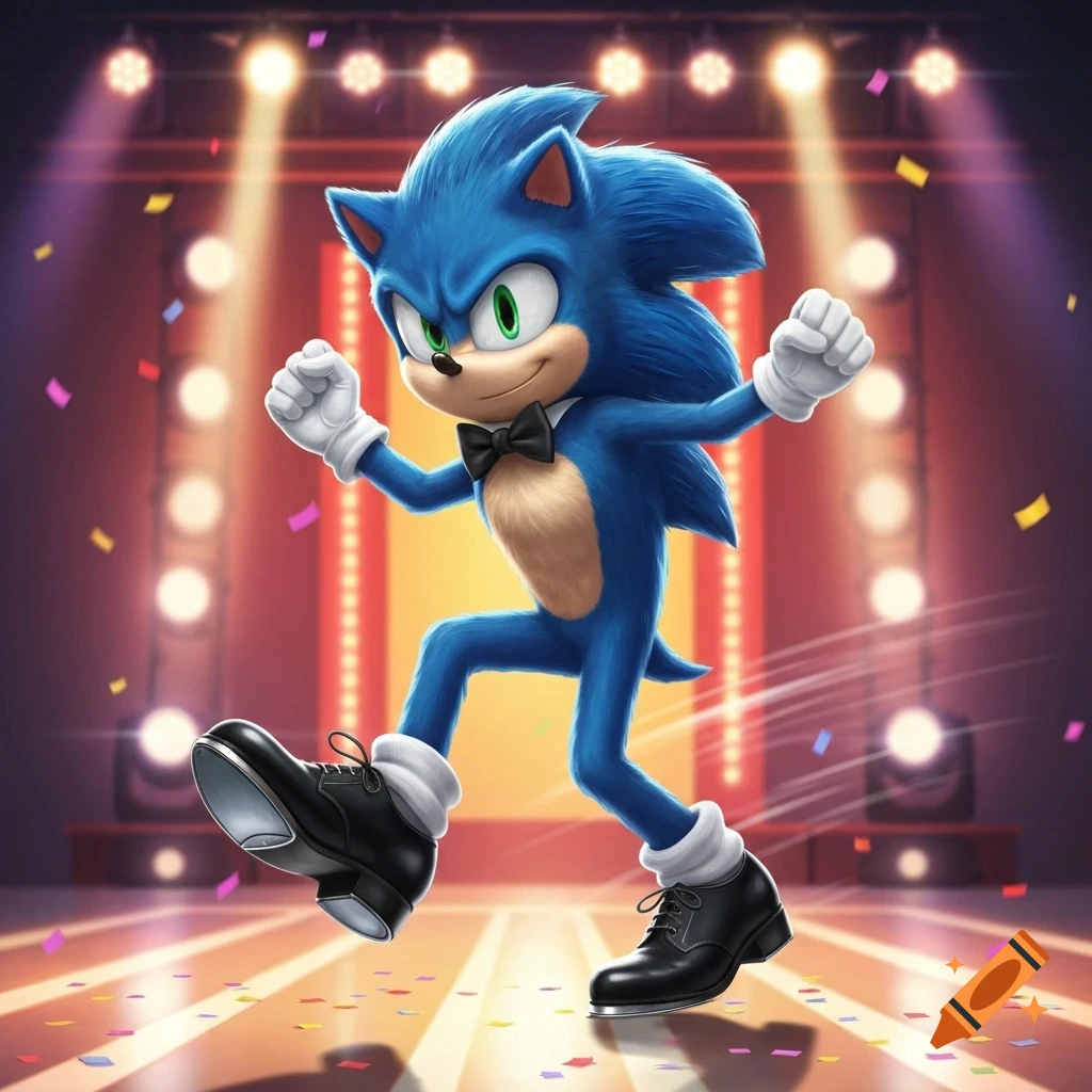 Sonic the Hedgehog from the movie tap dancing in a black bow tie, white gloves, and tap shoes on a brightly lit stage with confetti.