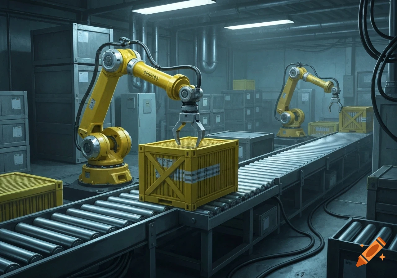 Yellow robotic arms on a conveyor belt, lifting a yellow crate in a dimly lit industrial setting with more crates and machinery.