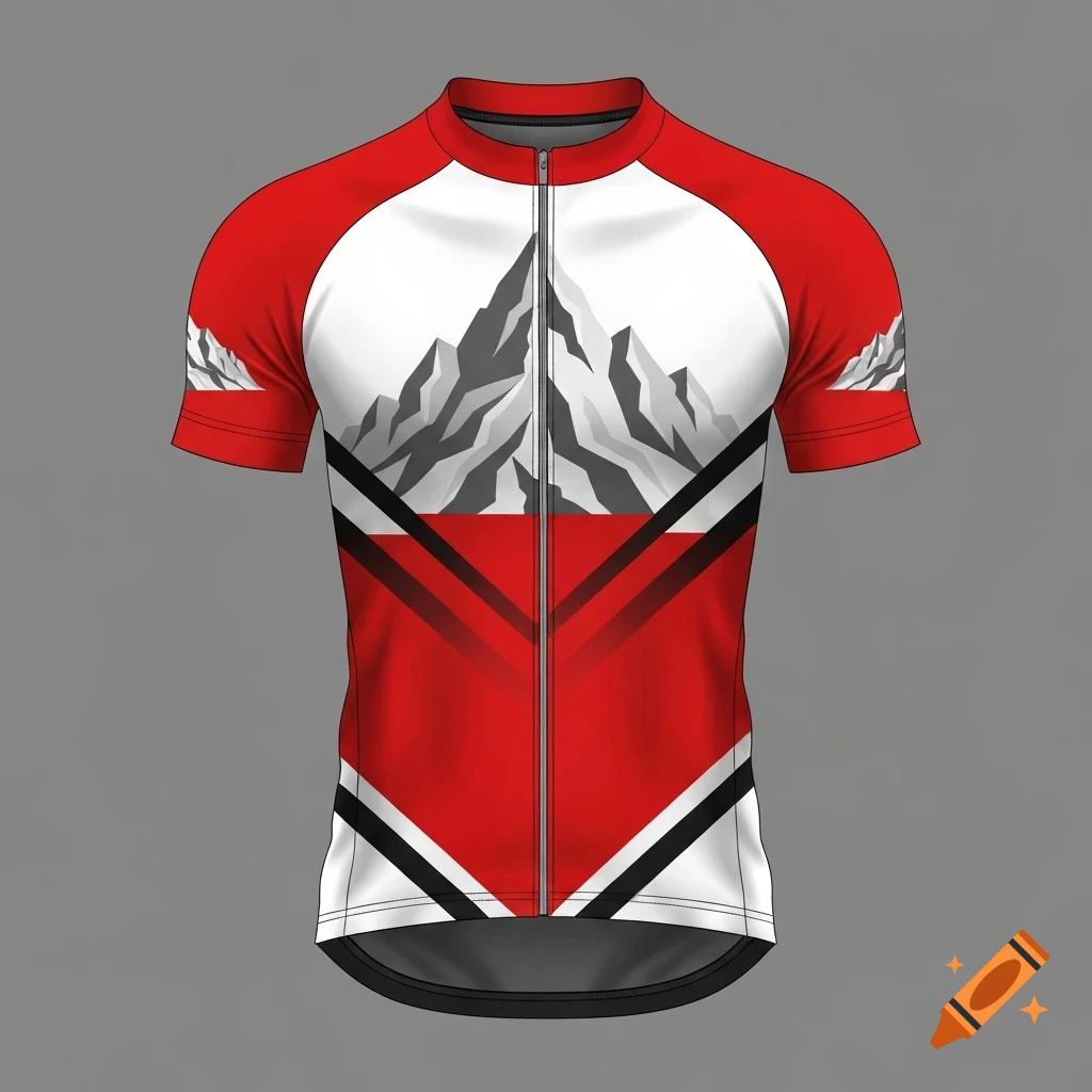 A red, white, and black cycling jersey with a stylized mountain design on the chest and sleeves.