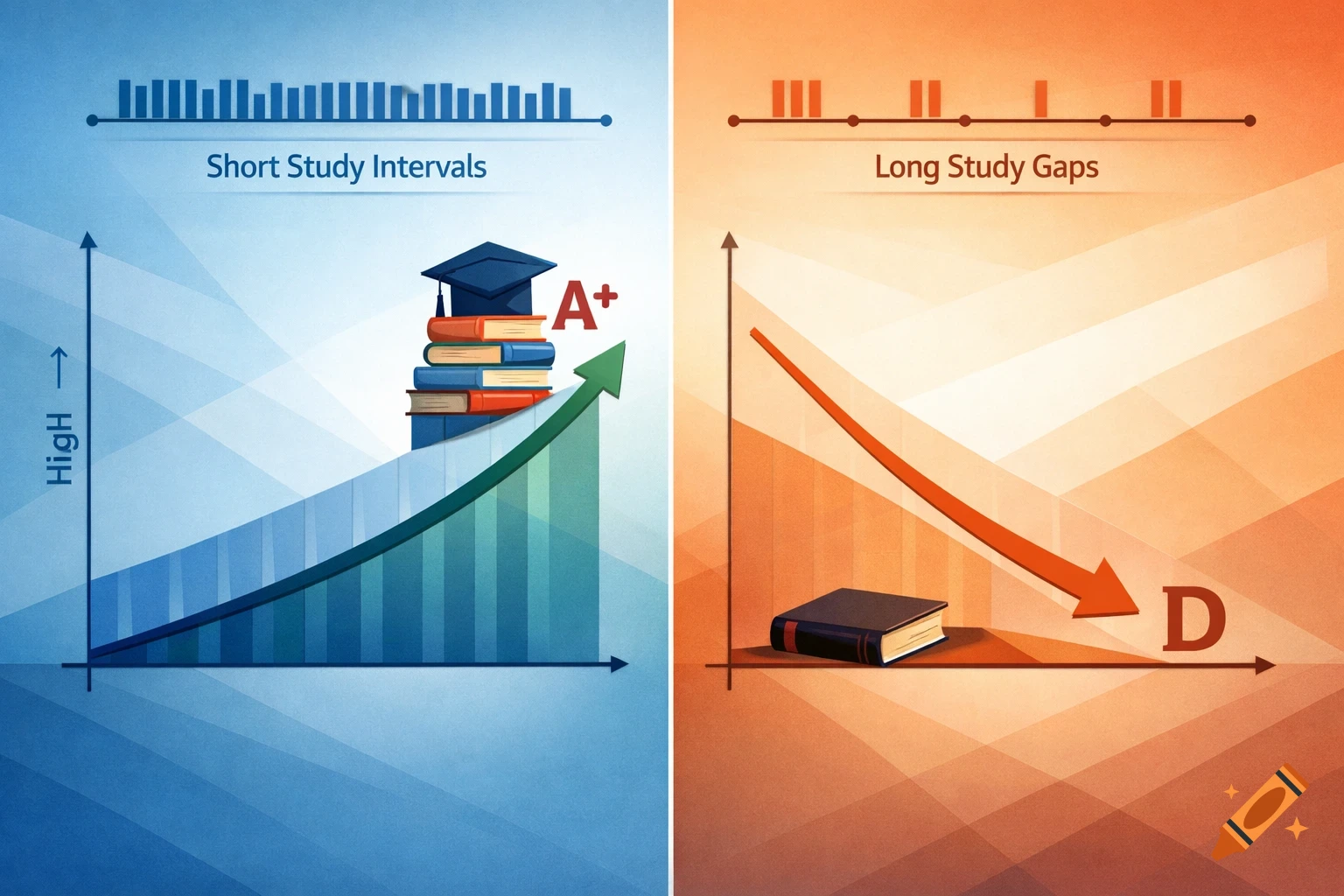 Infographic comparing short study intervals leading to high grades with long study gaps leading to low grades.