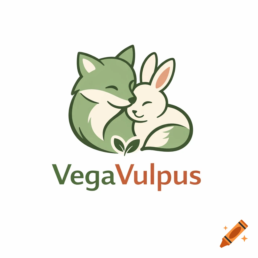 Vector logo of a green fox and white bunny cuddling, with green leaves, and the text VegaVulpus.