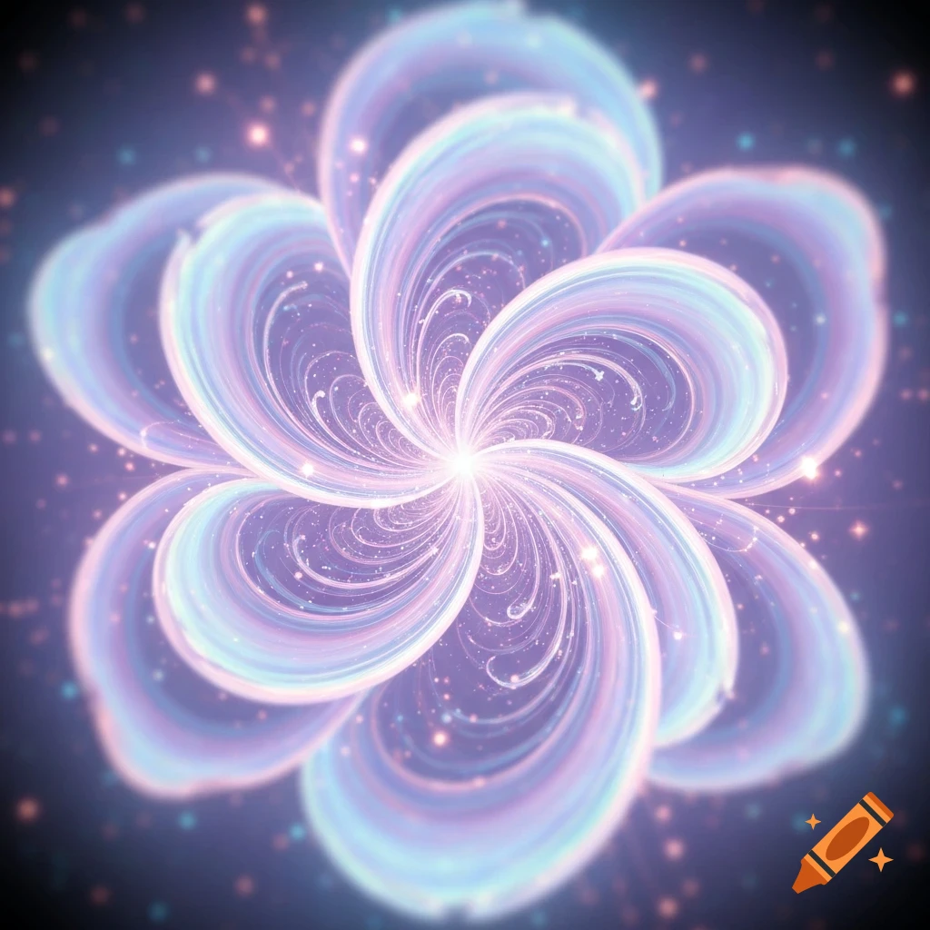 A vibrant, glowing abstract flower-like fractal with swirling blue, purple, and pink petals against a sparkling dark background.