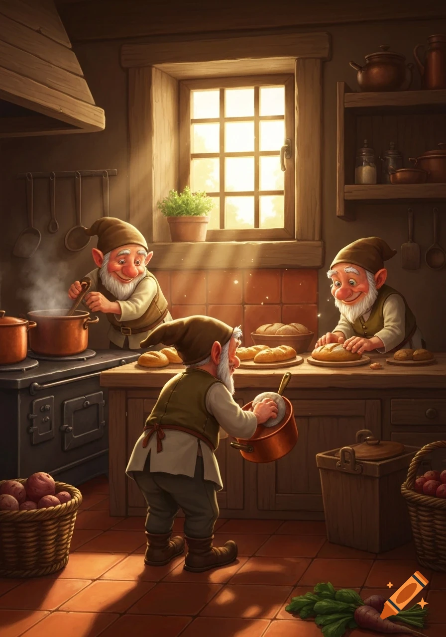 Three cheerful gnomes in a rustic kitchen, one stirring a pot, another kneading dough, and a third cleaning.