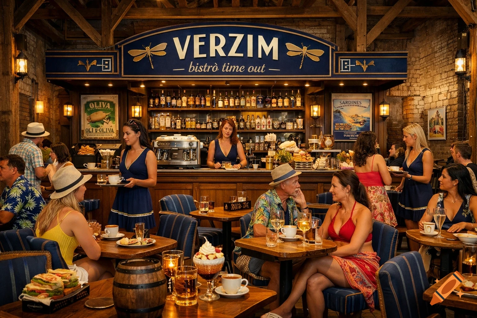 A lively bistro with people dining and staff serving. The main sign reads "VERZIM bistro time out" above a bar with bottles and vintage posters.
