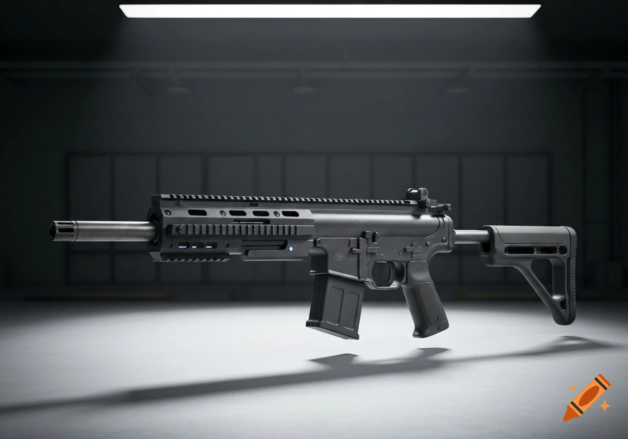 A photorealistic black modular assault rifle with a magazine resting on a light surface in a dimly lit room.