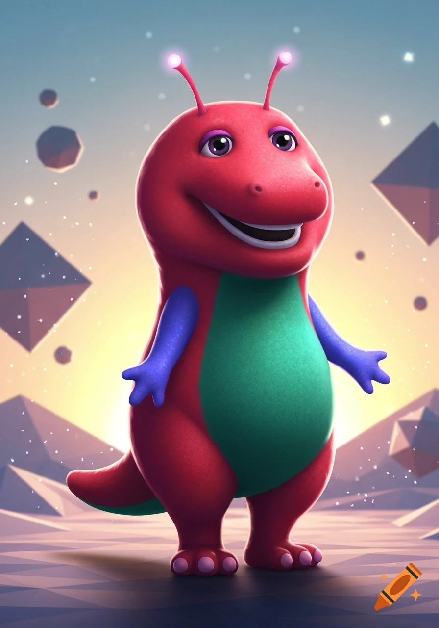A smiling red and green cartoon dinosaur-alien with antennae stands in a geometric alien landscape.