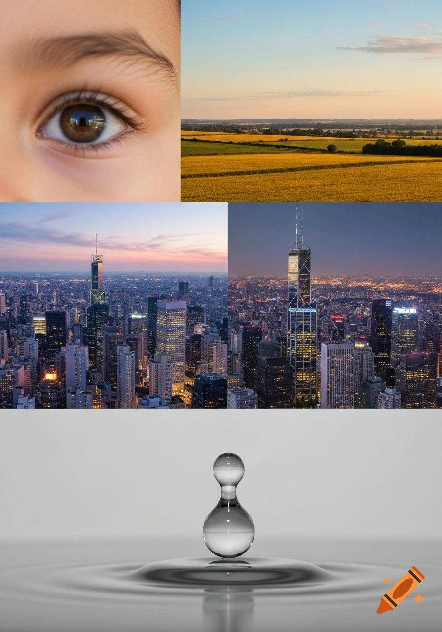 A collage showing a child's eye, golden fields, a city skyline at dusk and night, and a water droplet with ripples.