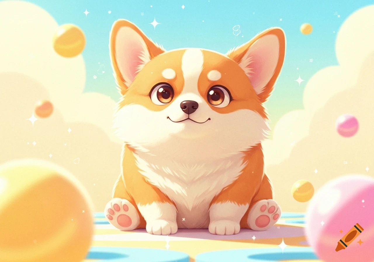 A cute, fluffy orange and white cartoon corgi sits on a colorful striped surface under a blue sky with clouds and bubbles.