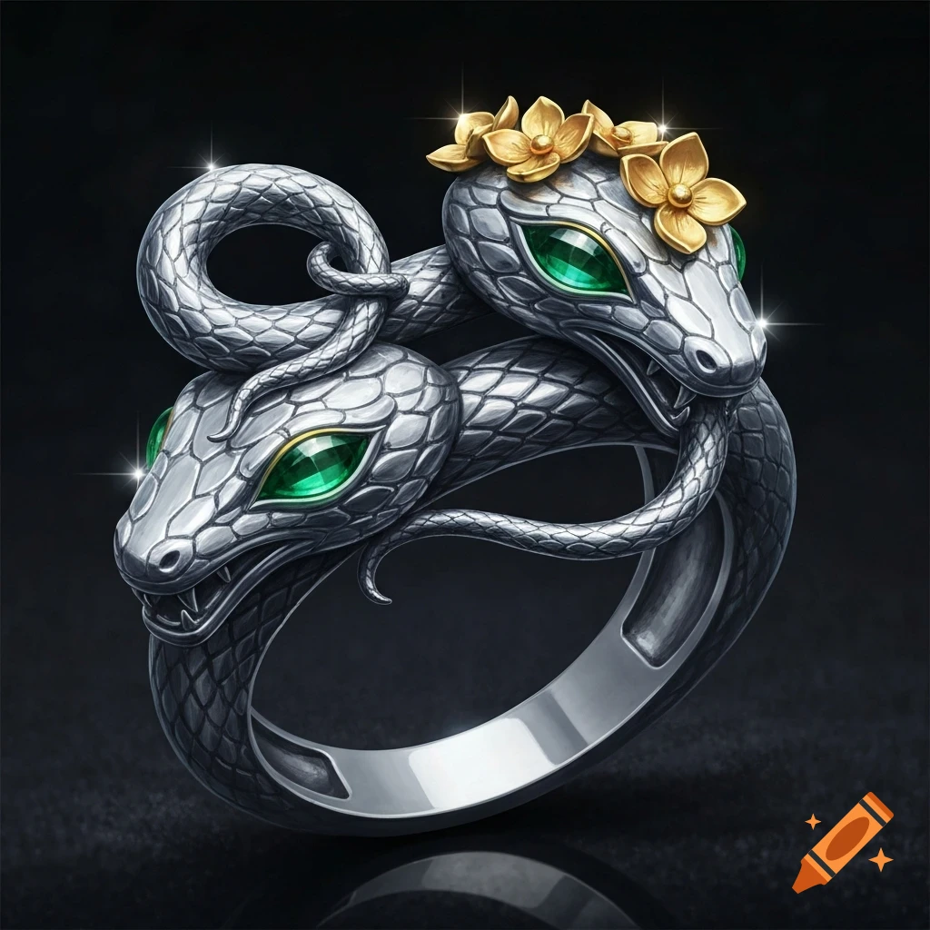 A silver ring shaped like two intertwined snakes with green emerald eyes, one adorned with golden flowers.