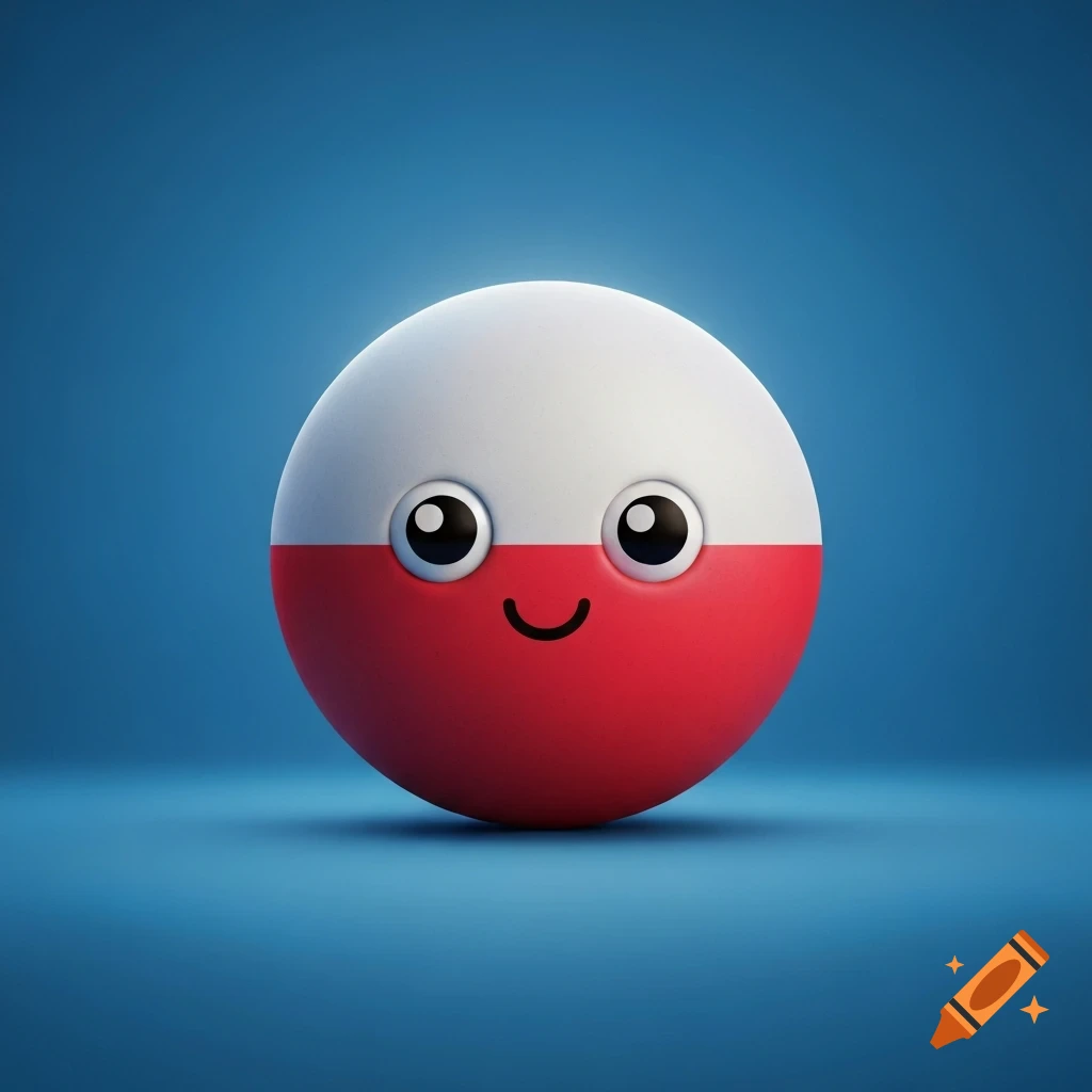 A cute spherical cartoon character with white on top and red on bottom, resembling the flag of Poland, featuring big eyes and a simple smile, set against a blue background.