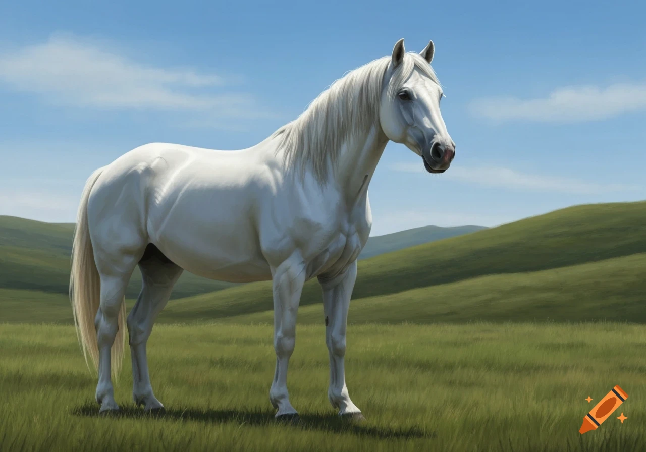 A majestic white horse stands in a lush green field with rolling hills under a clear blue sky in a photorealistic style.