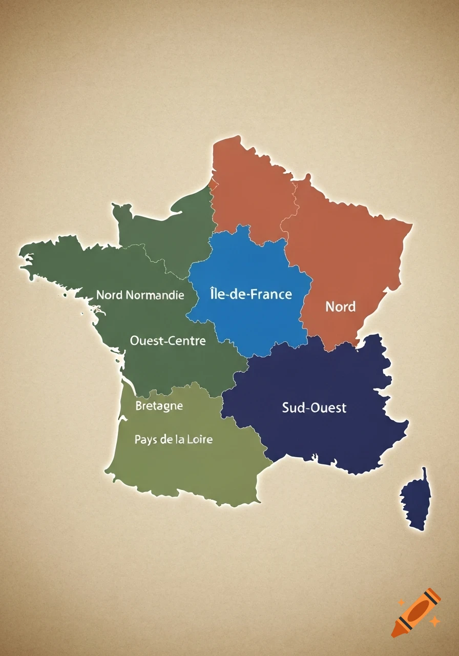 A stylized political map of France divided into regions with text labels for Nord Normandie, Ouest-Centre, Bretagne, Pays de la Loire, Île-de-France, Nord, and Sud-Ouest.