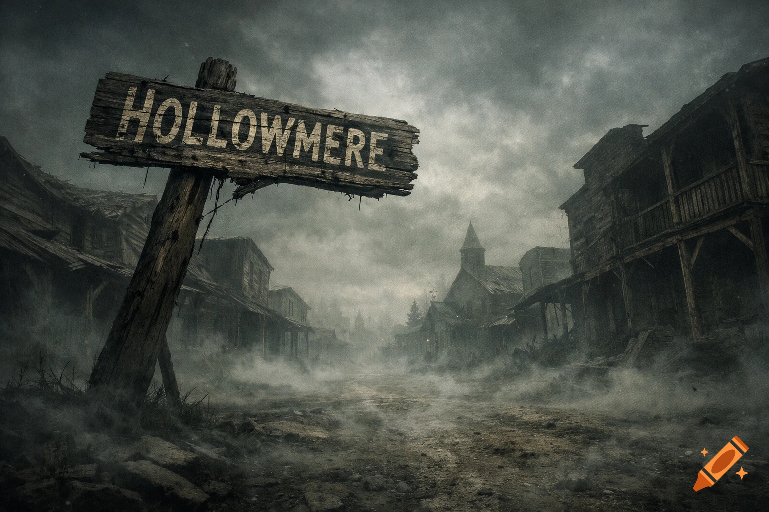 A misty, dark abandoned town with a weathered wooden sign reading 'Hollowmere' and dilapidated buildings.