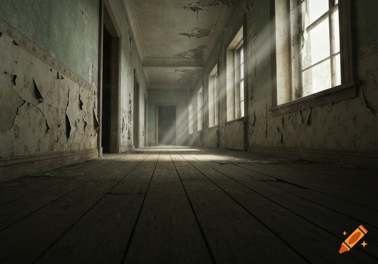 A long, derelict hallway with peeling wallpaper, wooden floors, and sunlight streaming through tall windows, casting beams onto the dusty floor.