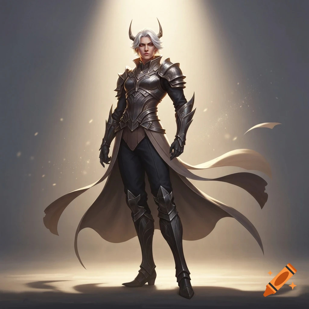 A white-haired character with horns wearing detailed silver and black armor stands under a spotlight.