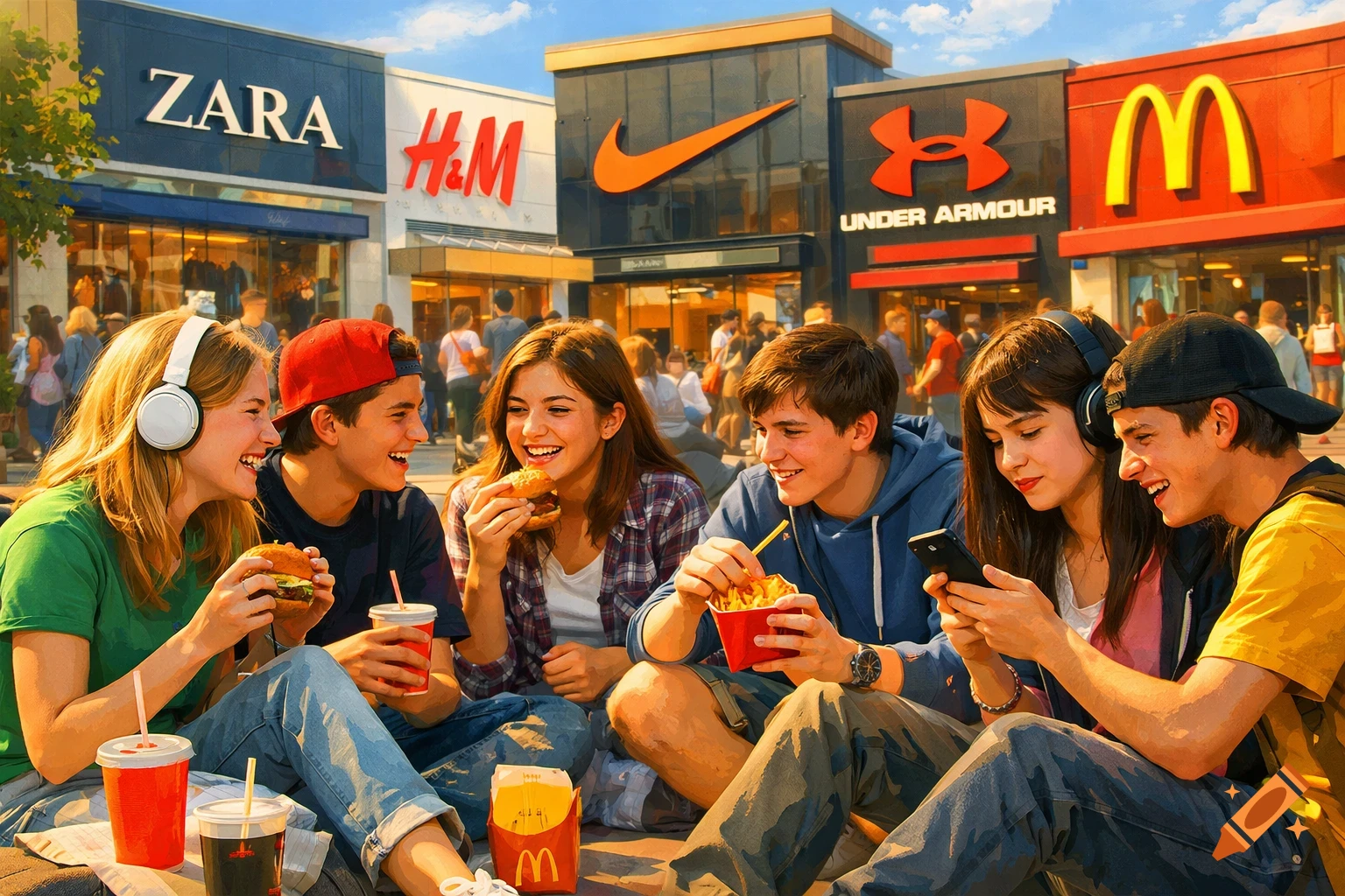 Joyful teenagers eat burgers and fries outside a shopping mall with Zara, H&M, Nike, Under Armour, and McDonald's stores.
