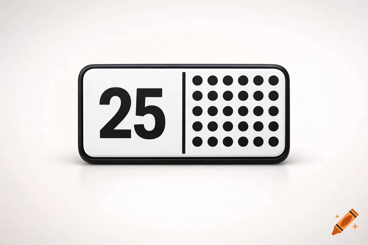 A minimalist black and white domino tile showing the number 25 on one side and twenty-five black dots on the other, against a white background.