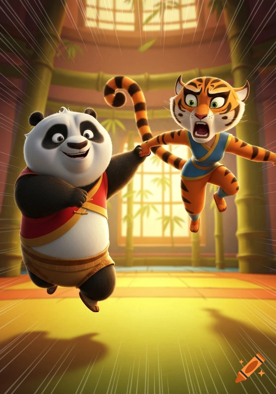 Po the panda pulls Tigress by her tail in a vibrant 3D cartoon style within a martial arts dojo.