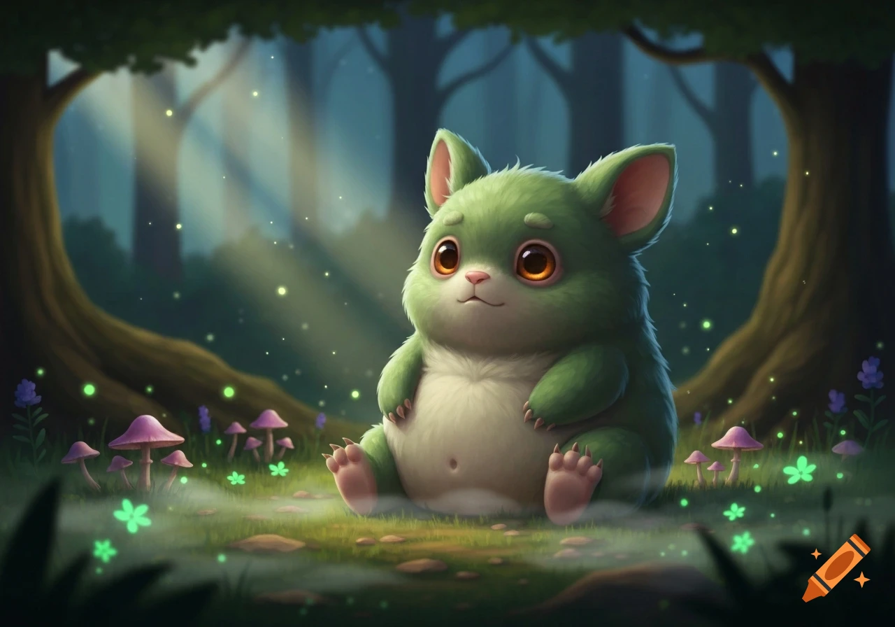 A cute, fluffy green creature with large orange eyes sits in a whimsical, mystical forest with glowing mushrooms and fireflies.