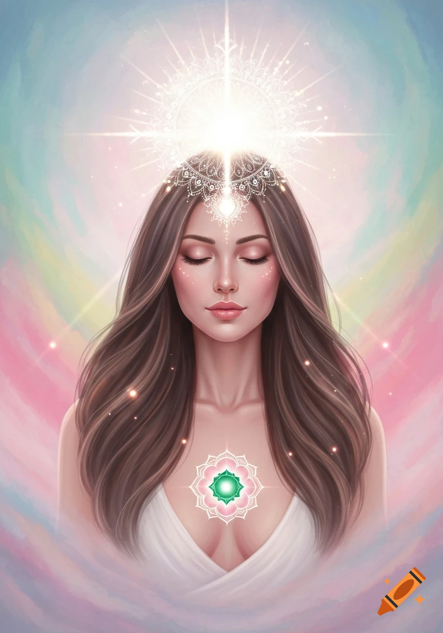 Digital painting of a serene woman meditating with closed eyes, long brown hair, glowing crown chakra, and heart chakra against an ethereal, colorful background.