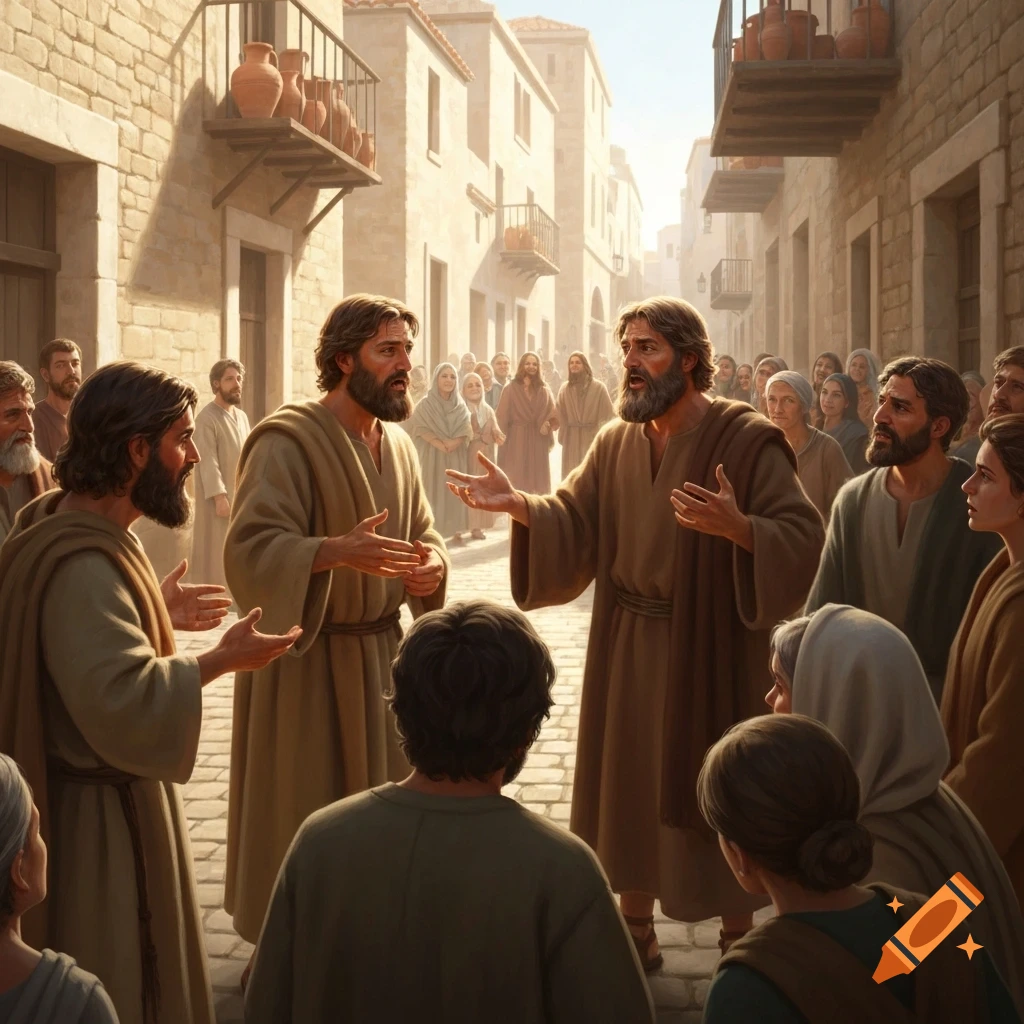 Biblical figures, resembling apostles, speak to a crowd on a sunlit ancient street flanked by stone buildings.