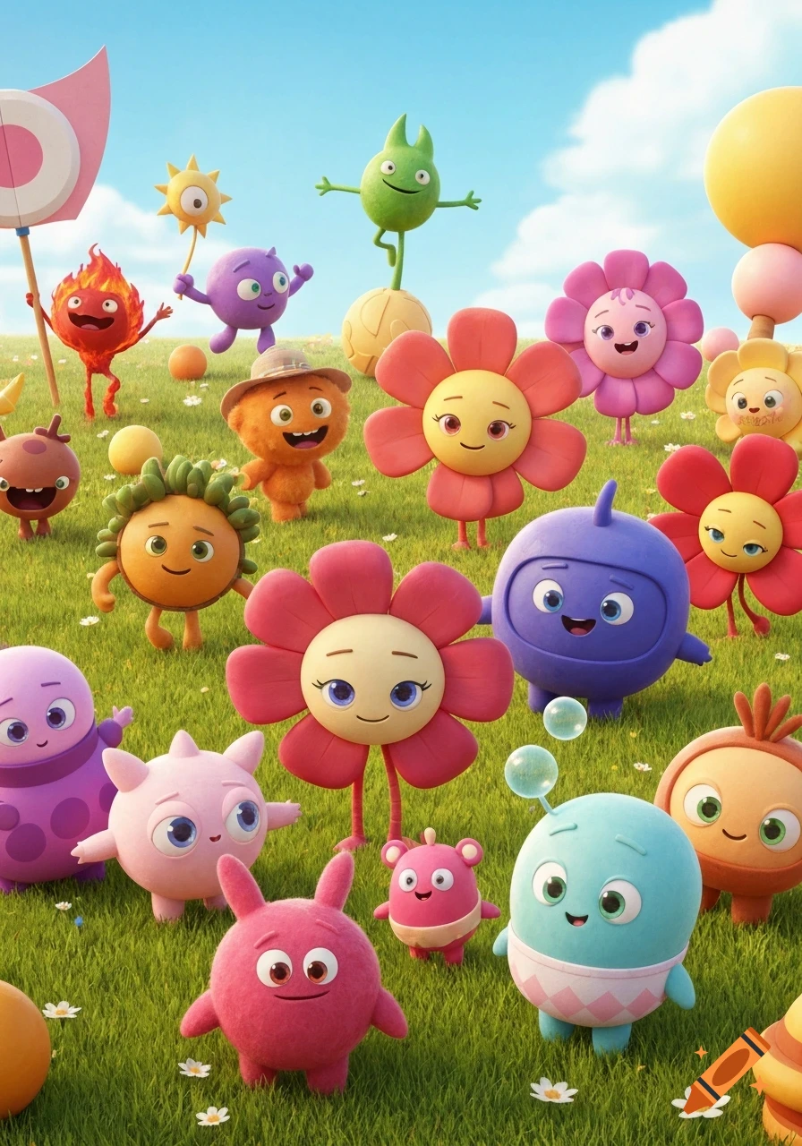 A group of colorful, fuzzy, cute cartoon characters with various shapes and expressions standing in a sunny green grassy field.