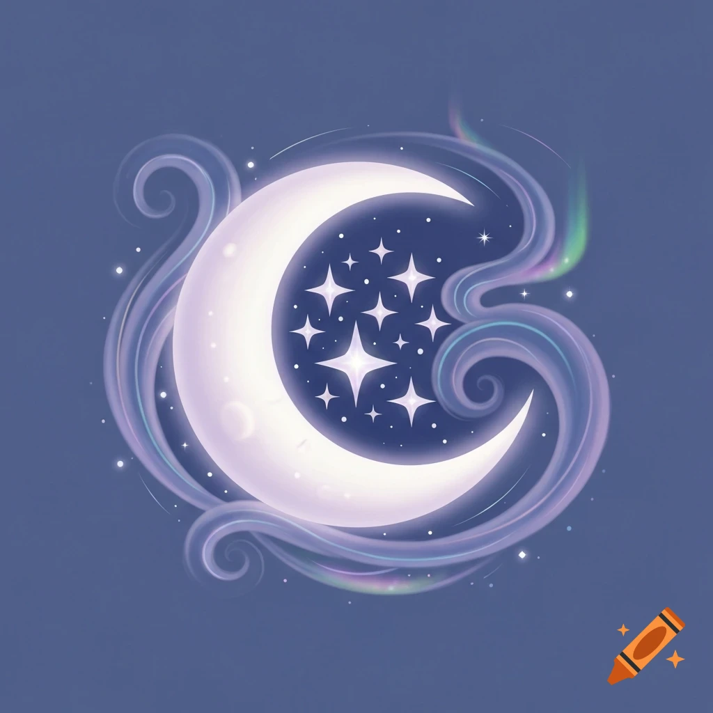 A dreamy illustration of a crescent moon surrounded by stars and ethereal swirling light against a blue background.