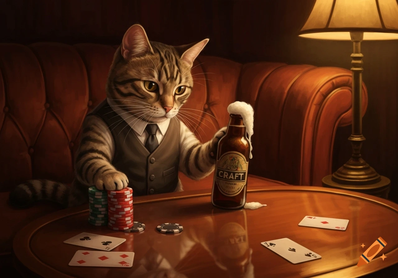 A dapper tabby cat in a vest plays poker at a wooden table, holding a frothy beer bottle, in a dimly lit room.