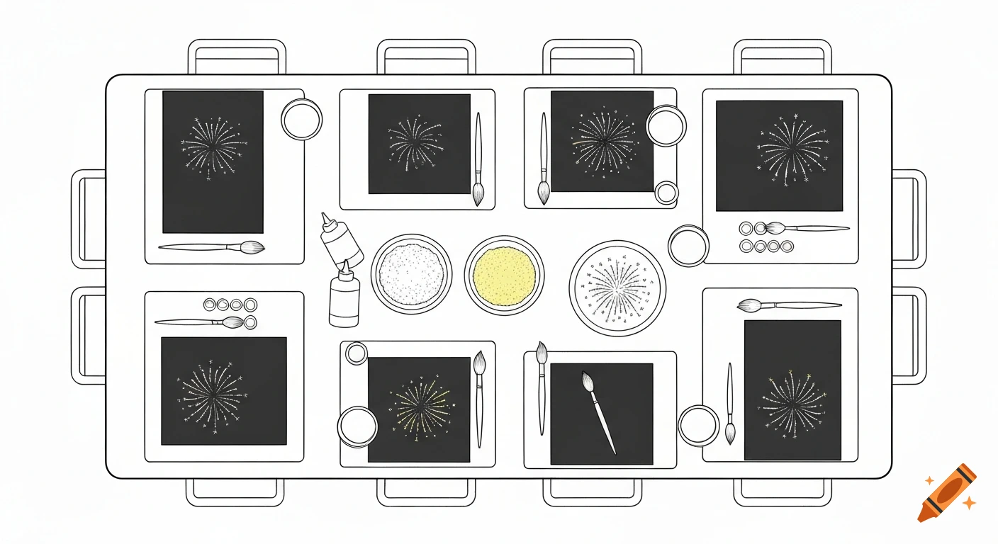 Top-down outline illustration of a table set for a salt painting craft, showing individual places and central materials.