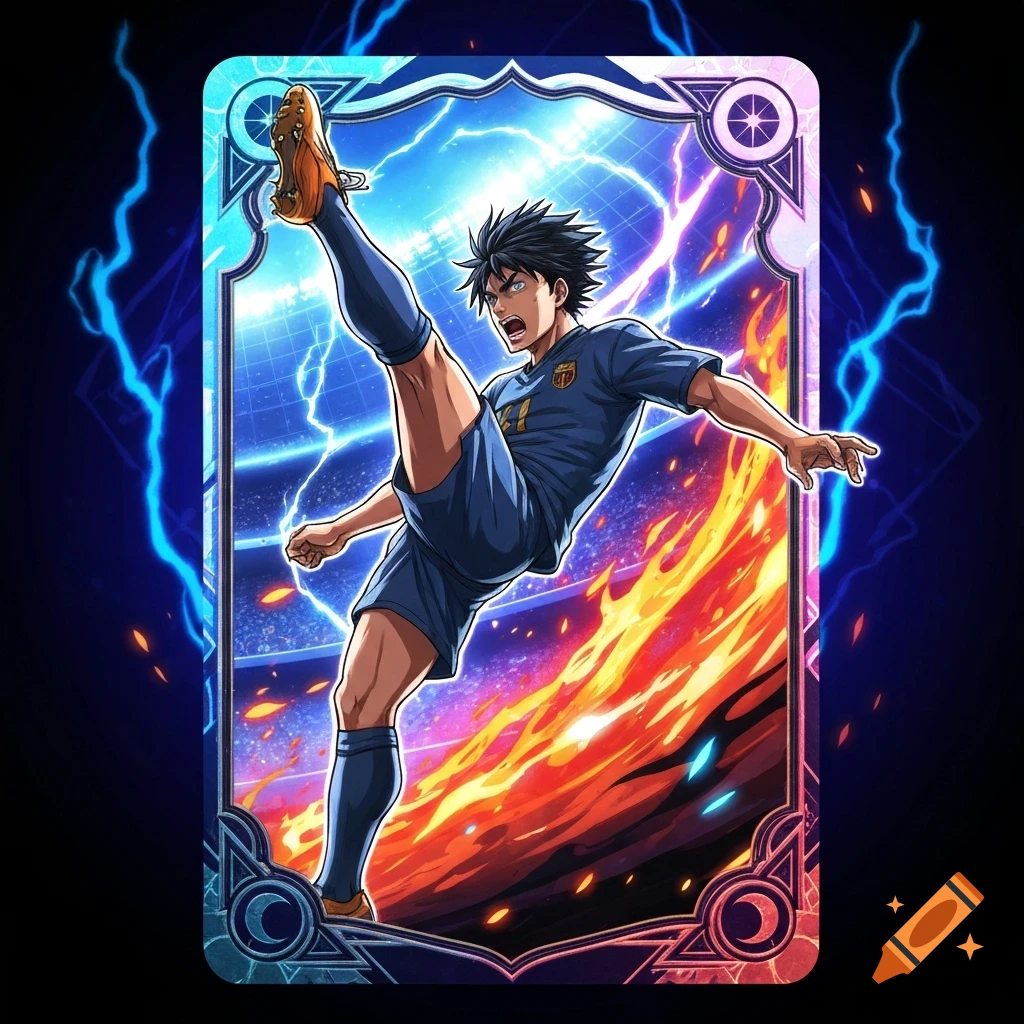 An anime-style trading card depicts a soccer player in a blue uniform mid-kick, with electricity and fire effects.