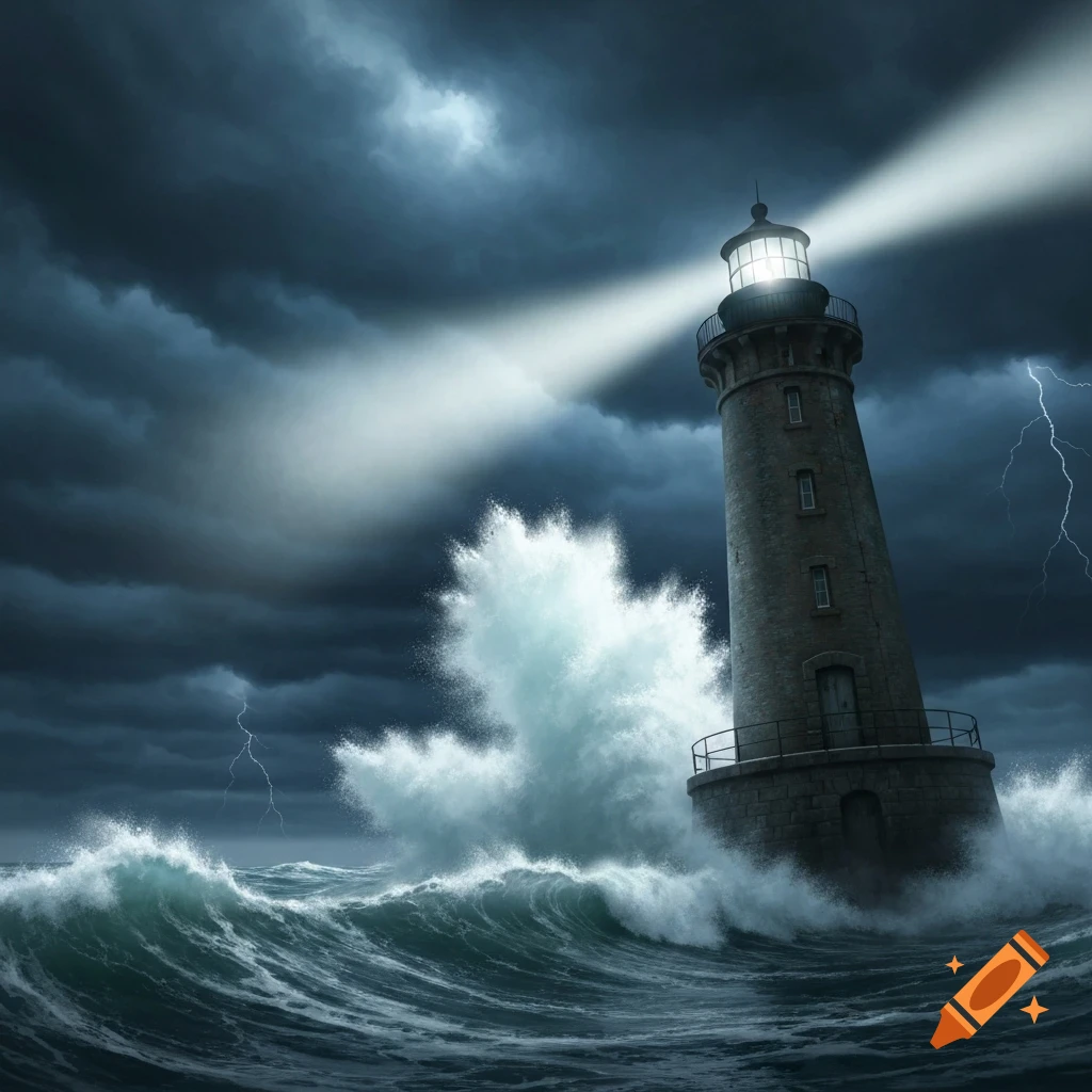 A photorealistic lighthouse stands resilient against massive, crashing ocean waves under a dark, stormy sky with lightning.