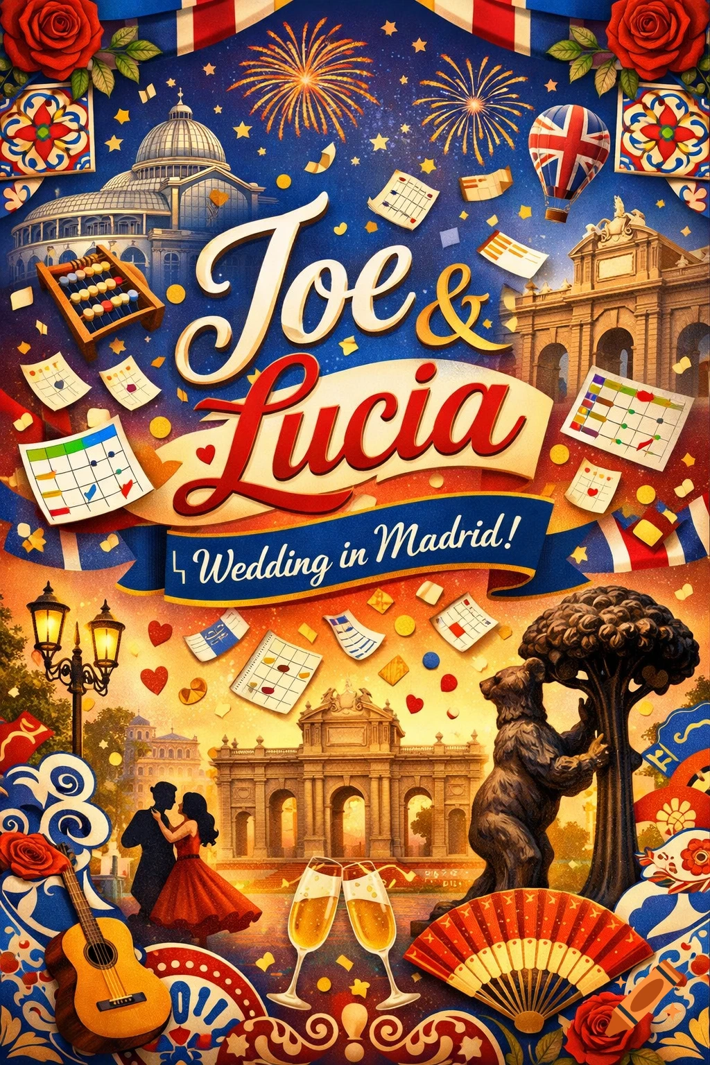 A vibrant wedding poster for Joe & Lucia in Madrid, featuring landmarks like the Palacio de Cristal and Puerta de Alcalá, fireworks, and dancing couples.