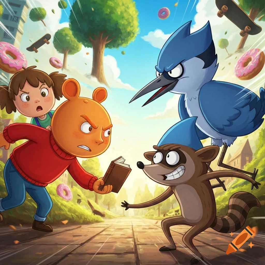 Cartoon characters Arthur, DW, Mordecai, and Rigby face off outdoors with floating donuts and skateboards in a vibrant, expressive style.