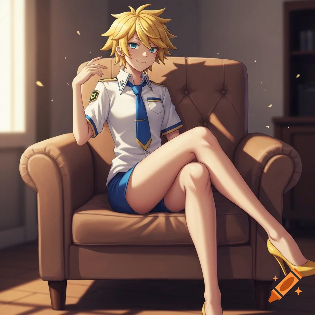 Anime character Kagamine Len with blonde spiky hair and blue eyes, wearing a white shirt, blue tie, and blue shorts, sits cross-legged in a brown armchair.
