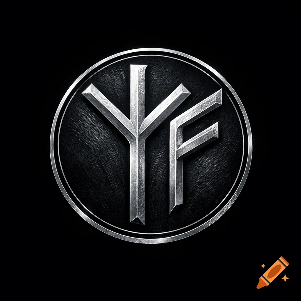 A metallic silver logo featuring the combined Algiz and Fehu runes within a circle on a dark, brushed metal background.