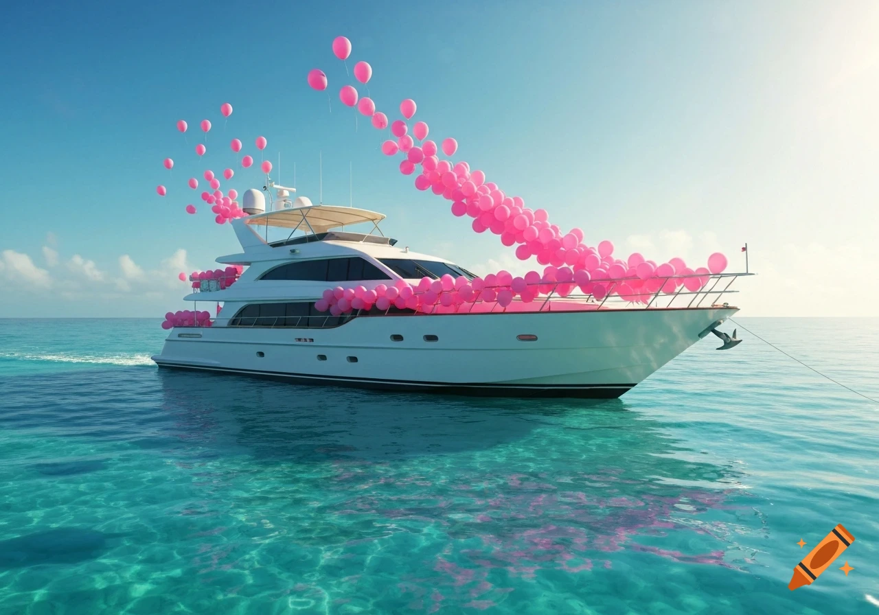 White yacht decorated with numerous pink balloons floats on clear turquoise water under a blue sky.