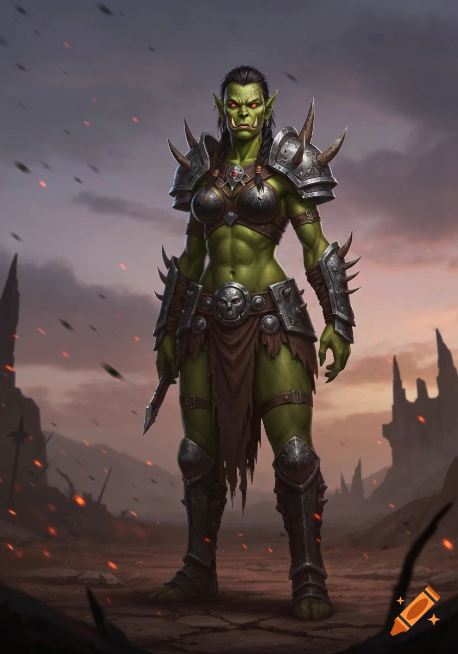 A fierce green-skinned orc warrior woman in spiked armor stands on a desolate, ash-filled battlefield, in a detailed fantasy art style.