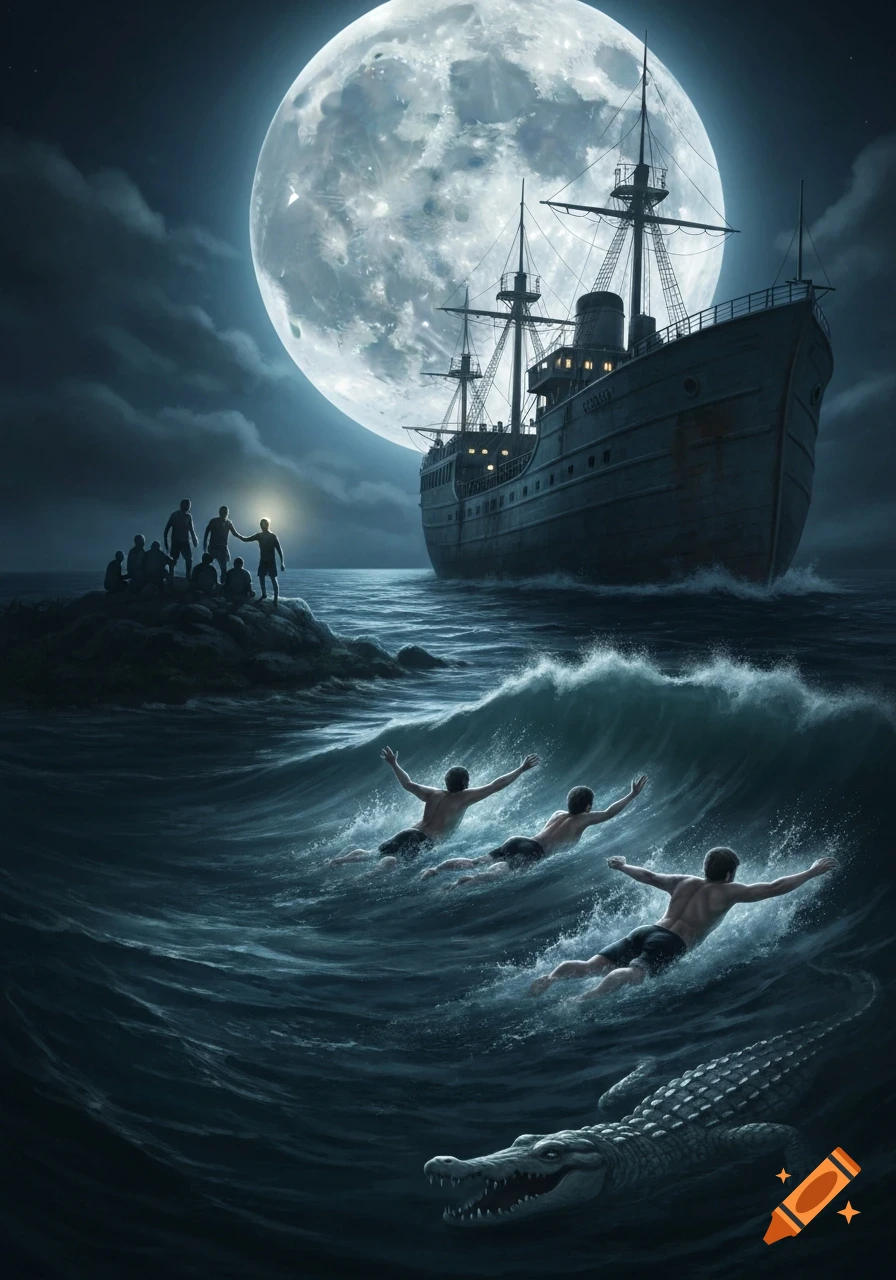 A large ship under a full moon, with people on an island and swimming in the wavy ocean alongside a crocodile. Fantasy style.