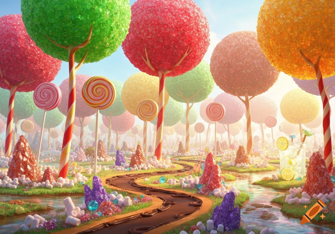 Vibrant fantasy landscape depicting a candy forest with lollipop trees, chocolate paths, marshmallow ground, and crystal candies.