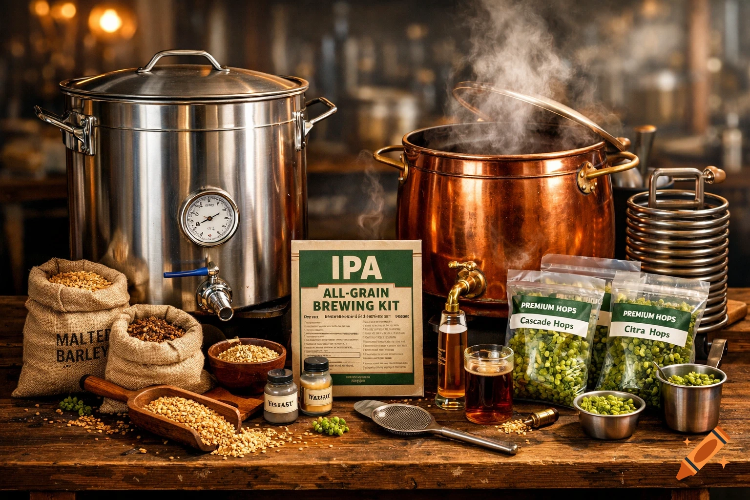A photorealistic home brewing kit with stainless steel and copper pots, grains, hops, and yeast on a wooden table.