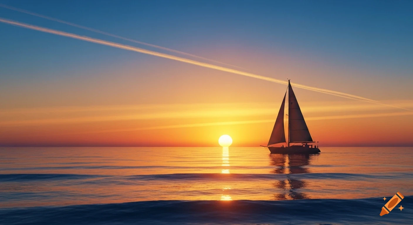 A sailboat glides across the calm ocean at sunset, with a vibrant orange and blue sky and the sun low on the horizon.