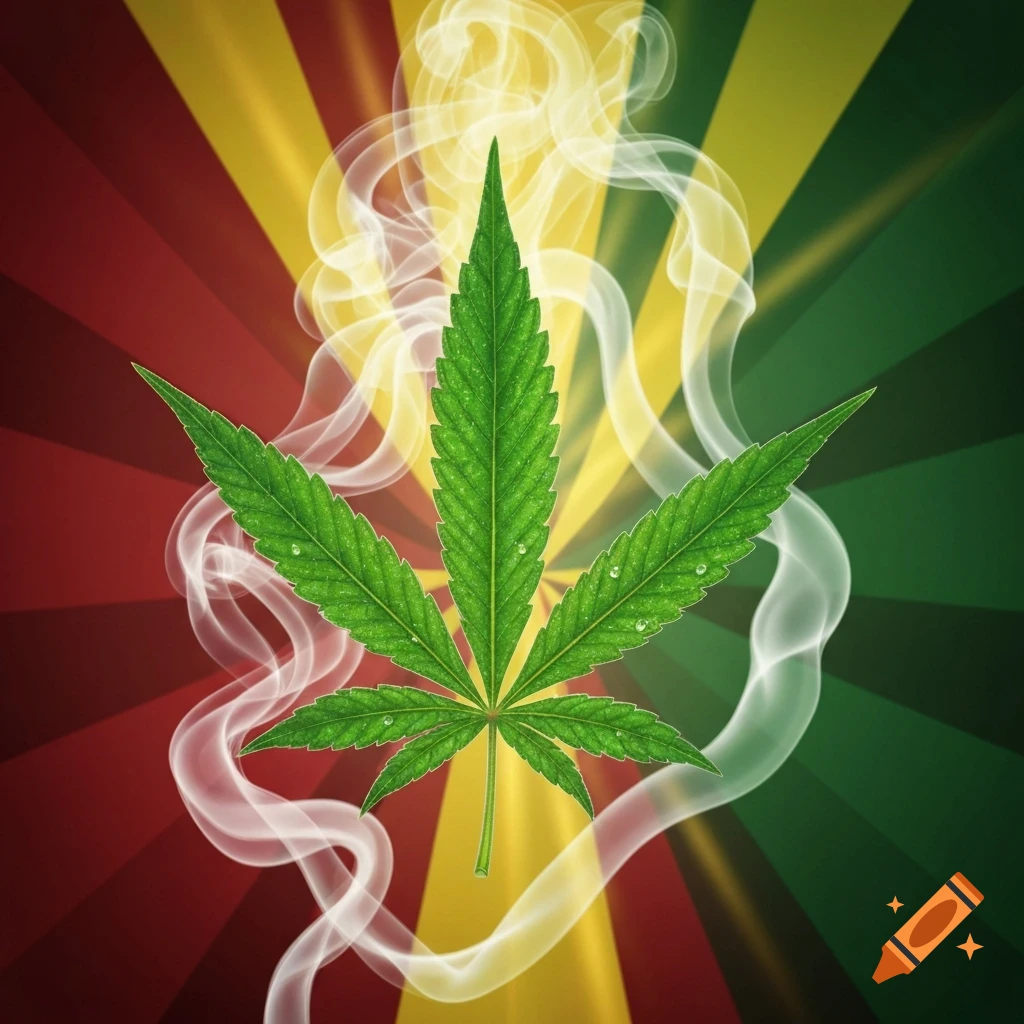 A green marijuana leaf with water droplets and white smoke on a red, yellow, and green rasta-themed sunburst background.